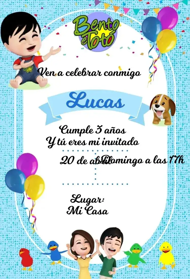 Invitación Bento y Totó Azul – tema Cumpleaños Infantil azul, divertido, infantil, ilustración, colorido, tema de animales