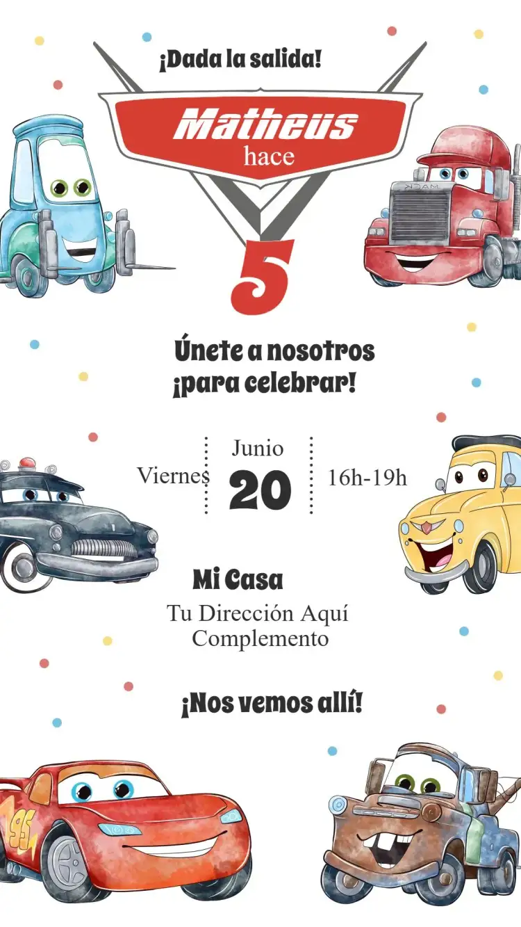 Invitación Coches – tema Cumpleaños Infantil colorido, temático, divertido, moderno, infantil