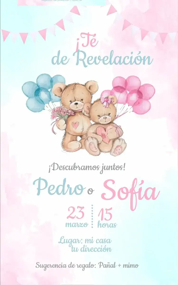 Invitación Baby Shower 1 – tema Baby Shower acuarela, osos de peluche, rosa y azul, divertido, infantil, globos
