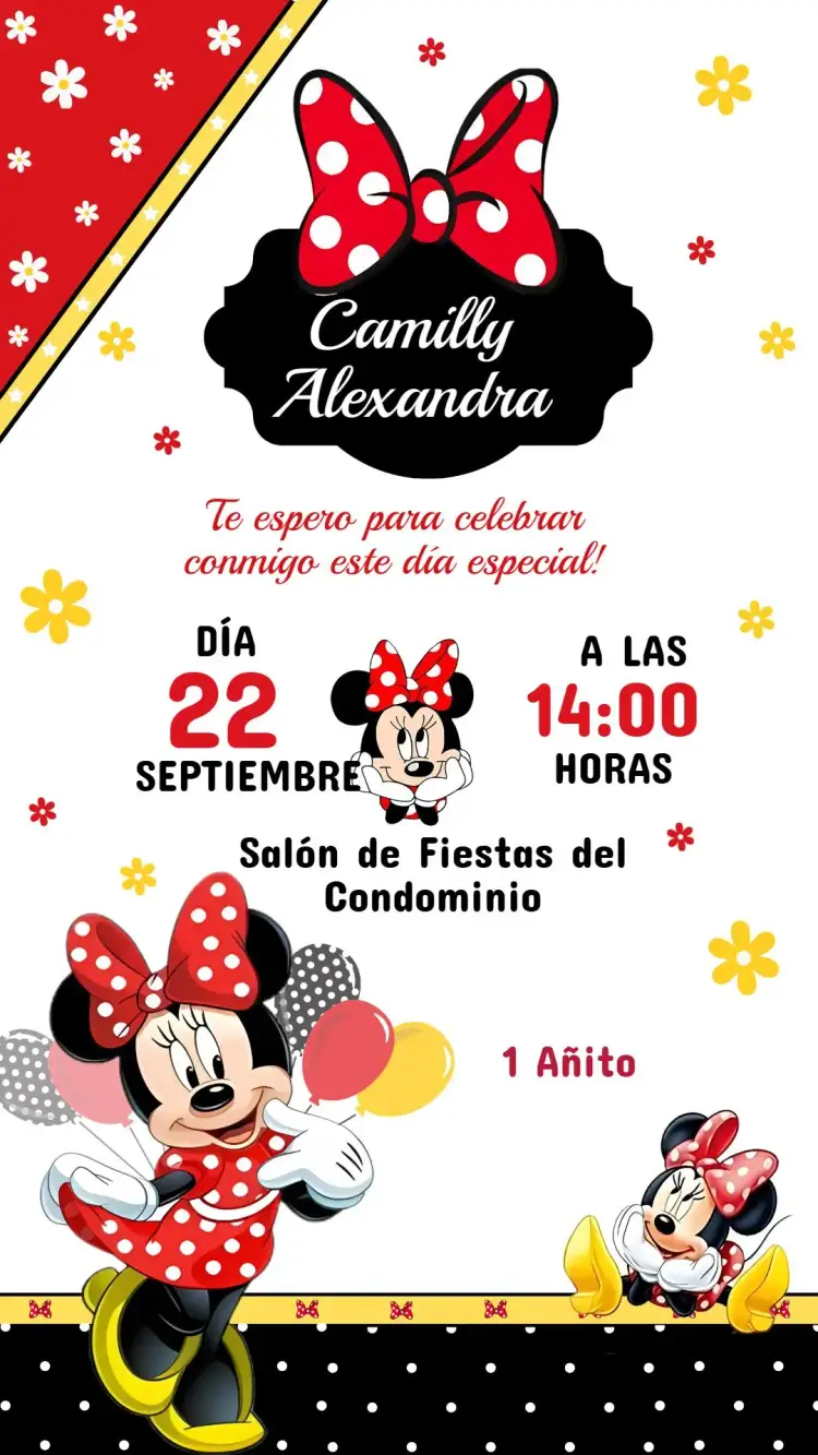 Invitación Invitación Cumpleaños Infantil Minnie – tema Cumpleaños Infantil colores vibrantes, estilo divertido, elementos de Minnie, diseño lúdico, inspirado en personajes, detalles encantadores