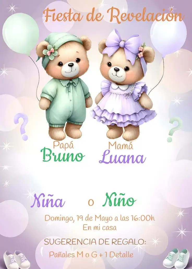 Invitación Baby Shower Revelación Ositos Morado