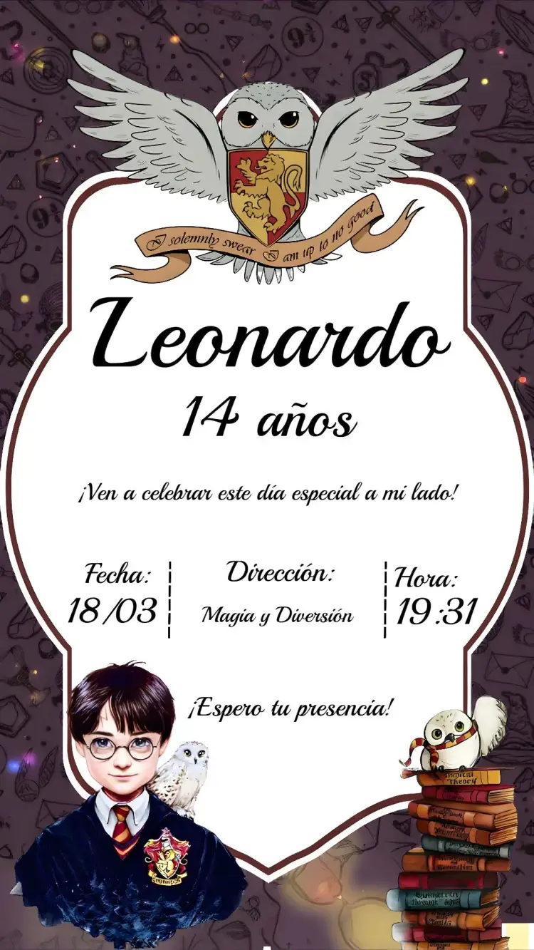 Invitación Harry Potter Gryffindor – tema Cumpleaños Infantil rojo y dorado, magia, universo de Harry Potter, elementos gráficos de brujería, aventura infantil