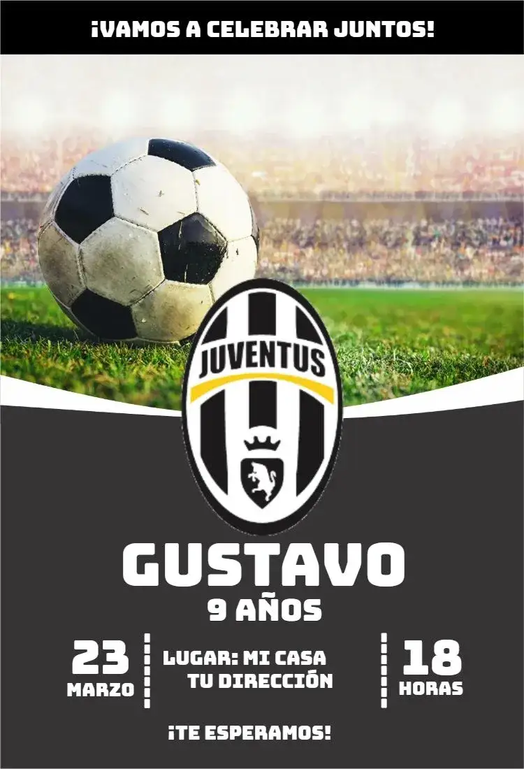 Invitación Juventus 5 – tema Cumpleaños fútbol, moderno, vibrante, deportivo, colorido, dinámico