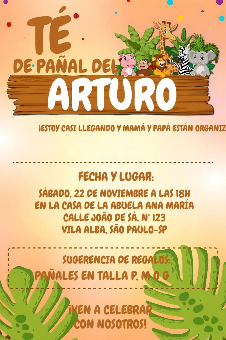 Invitación Baby Shower Safari Animals – tema Baby Shower colorido, animales, selva, juguetón, tropical, divertido