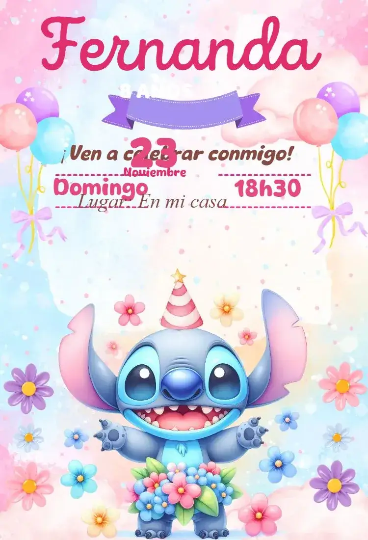 Invitación invitación digital de Stitch – tema Cumpleaños azul, kawaii, moderno, animado, fofo