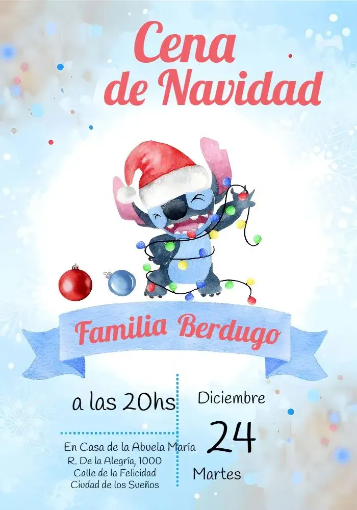 Invitación Fiesta De Navidad Stitch Cena – tema Fechas Conmemorativas acuarela, festivo, colorido, divertido, Disney, tropical