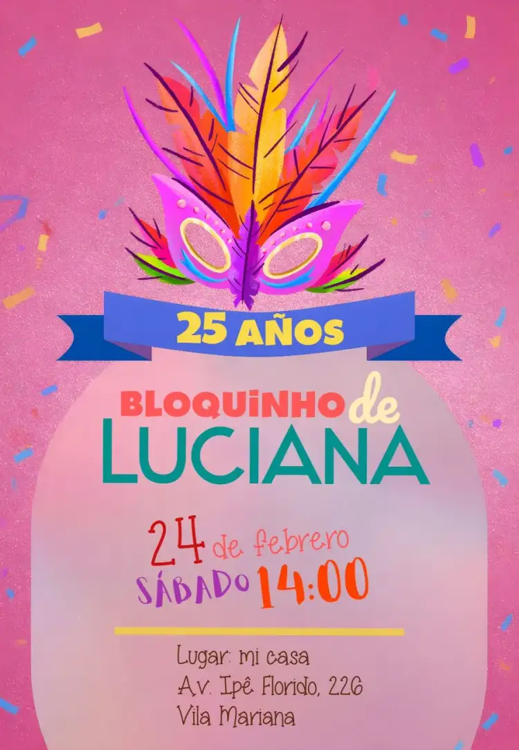 Invitación Bloquinho De Carnaval Nordeste – tema Fechas Conmemorativas colorido, festivo, tropical, brasileño, vibrante