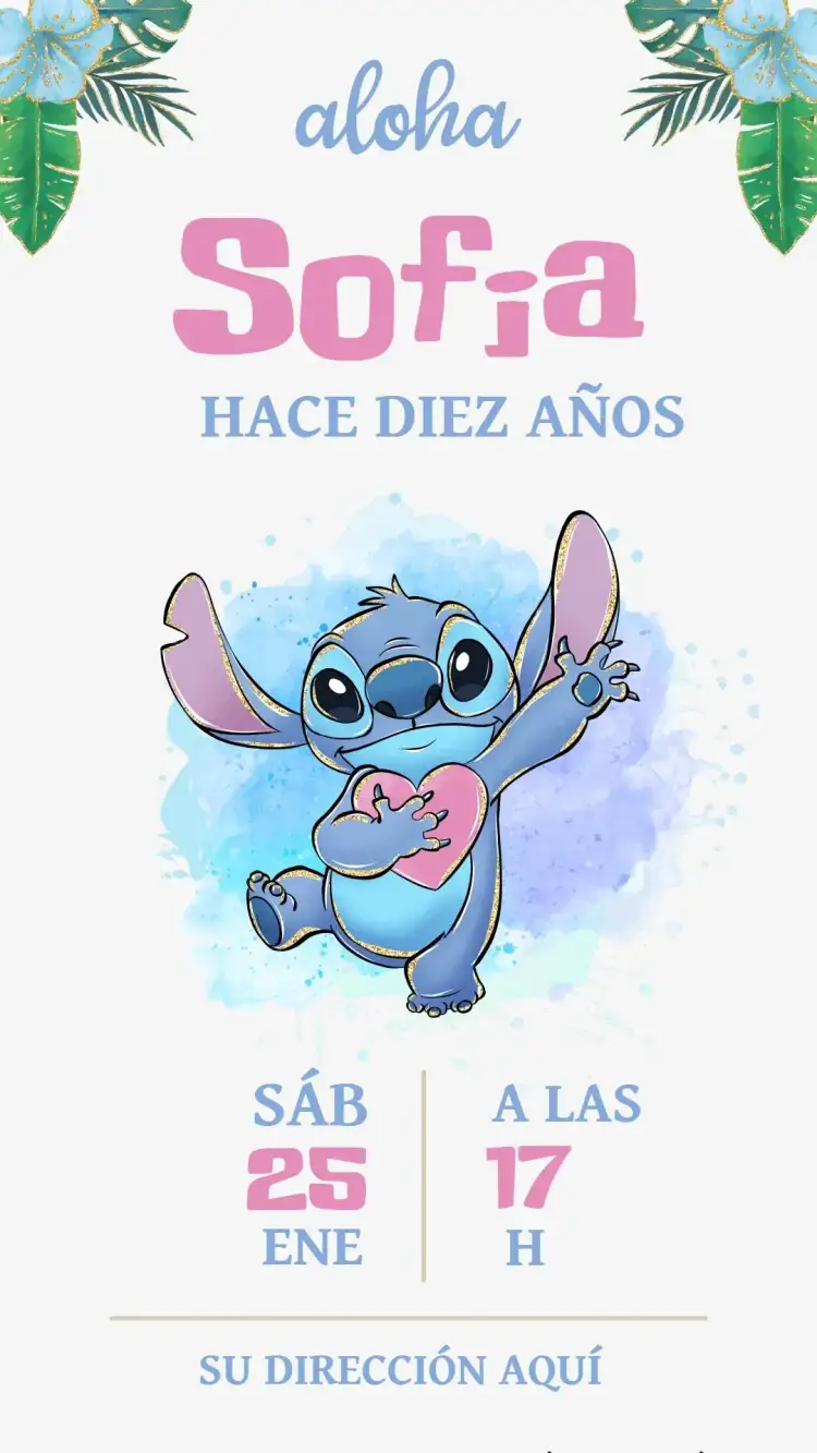 Invitación Stitch – tema Cumpleaños Infantil acuarela, colorido, divertido, infantil, temático, lúdico