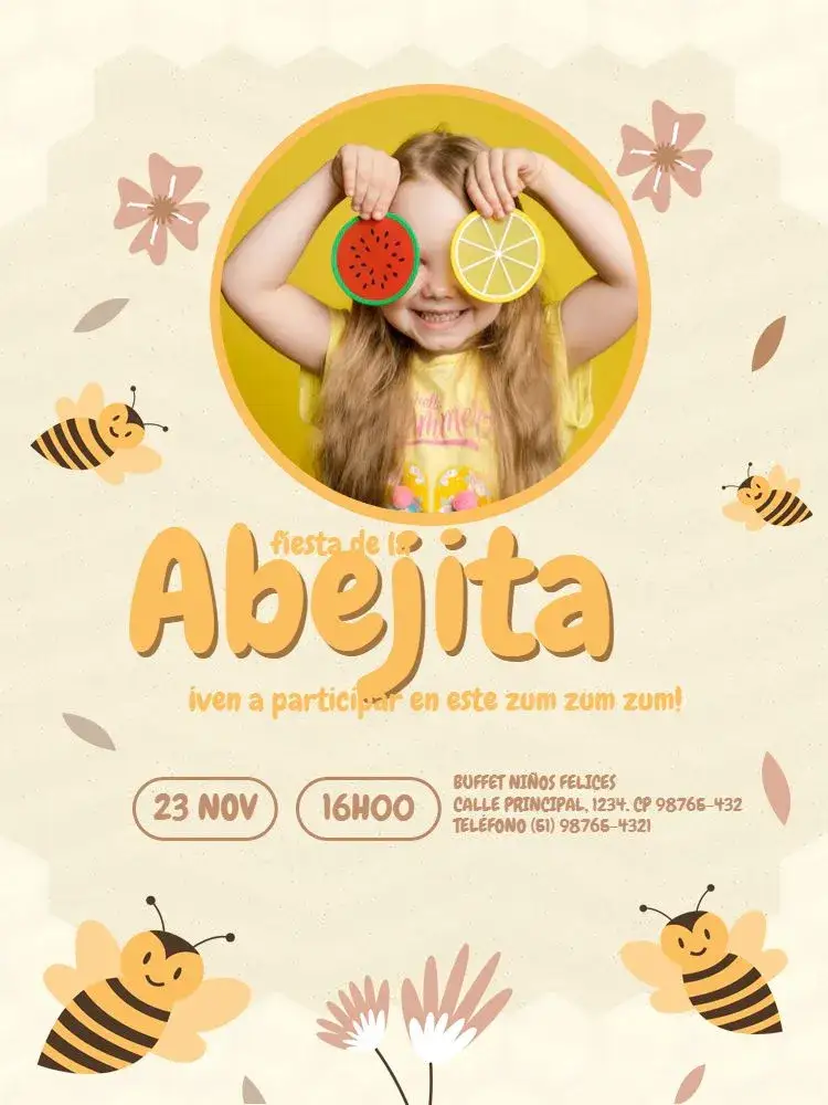 Invitación Abejita Con Foto Claro – tema Cumpleaños Infantil claro, amarillo, delicado, lúdico, animal, naturaleza