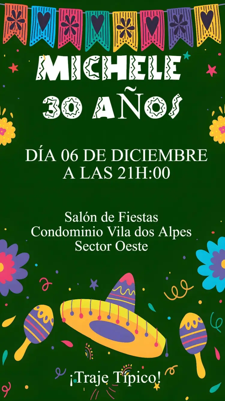 Invitación Fiesta Mexicana – tema Cumpleaños colorido, tropical, vibrante, folclórico, divertido, cultural