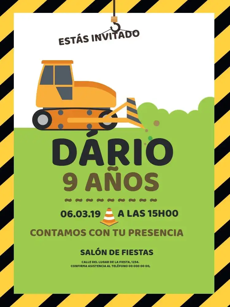 Invitación Constructor Fiesta – tema Cumpleaños Infantil moderno, temático, vibrante, gráfico, construcción, divertido