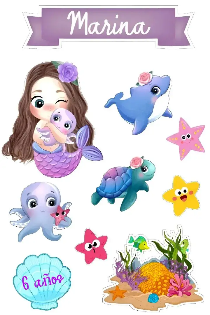 Invitación Topo De Pastel Pequeña Sirena Imprimir – tema Topper de torta azul marino, colorido, de fantasía, mágico, divertido, tropical