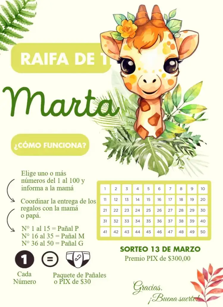 Invitación Jirafa Kawai – tema Té Rifa lindo, colorido, safari, minimalista, divertido