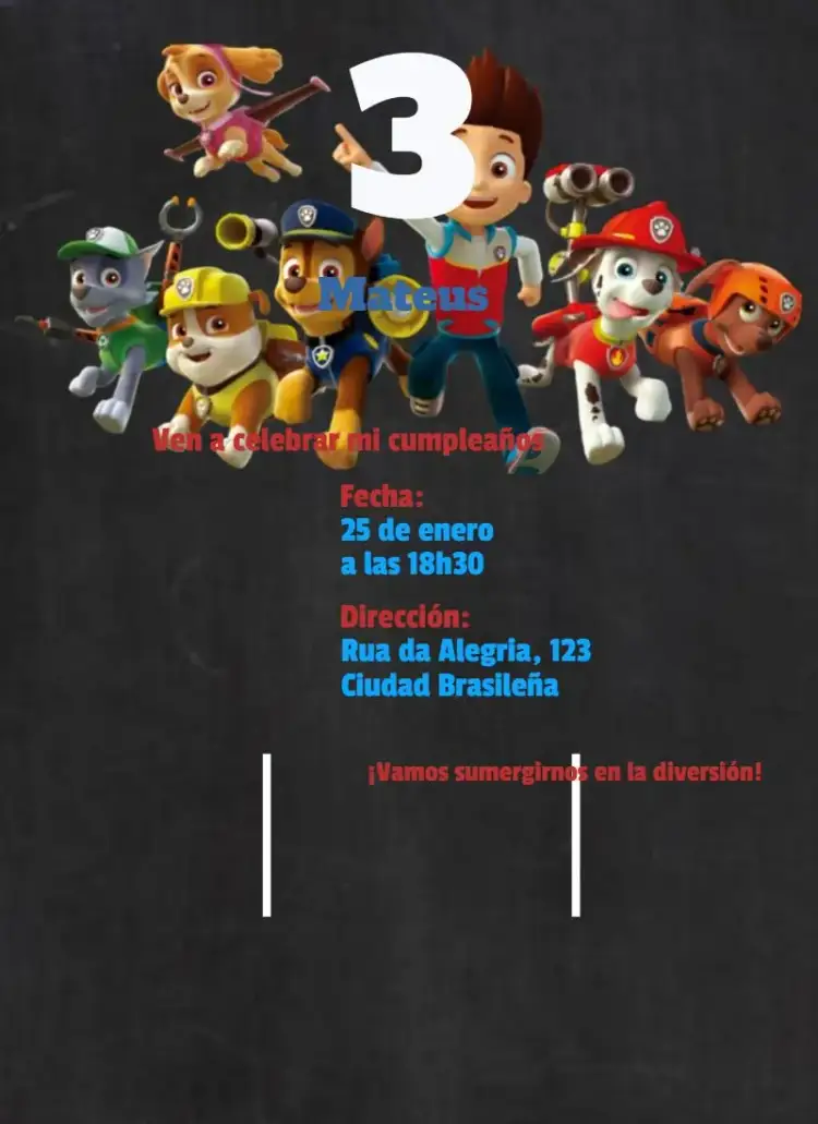 Invitación Patrulla Canina – tema Cumpleaños Infantil colorido, temático, animado, divertido, infantil