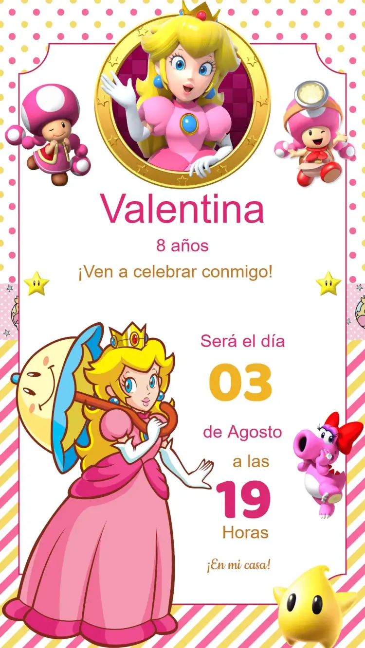 Invitación Invitación Cumpleaños Princesa Peach – tema Cumpleaños Infantil colores pastel, gráficos de princesas, estilo lúdico, detalles en rosa, elementos de fantasía, ilustraciones alegres