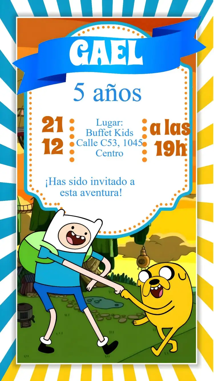 Invitación Hora de la Aventura – tema Cumpleaños Infantil animación, aventura, personajes