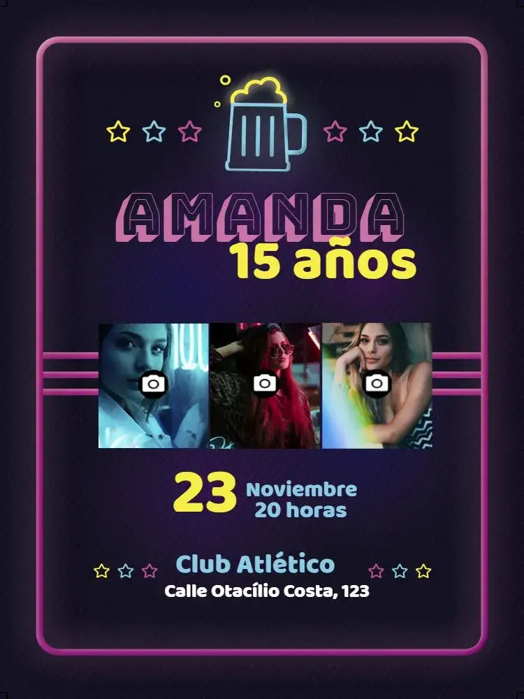Invitación Neón Con Fotos Mosaico