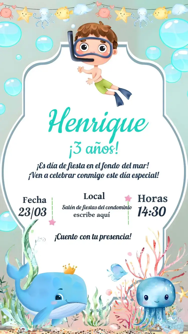Invitación Fondo Del Mar Pulpo – tema Cumpleaños Infantil acuarela, marino, colorido, divertido, infantil, temático
