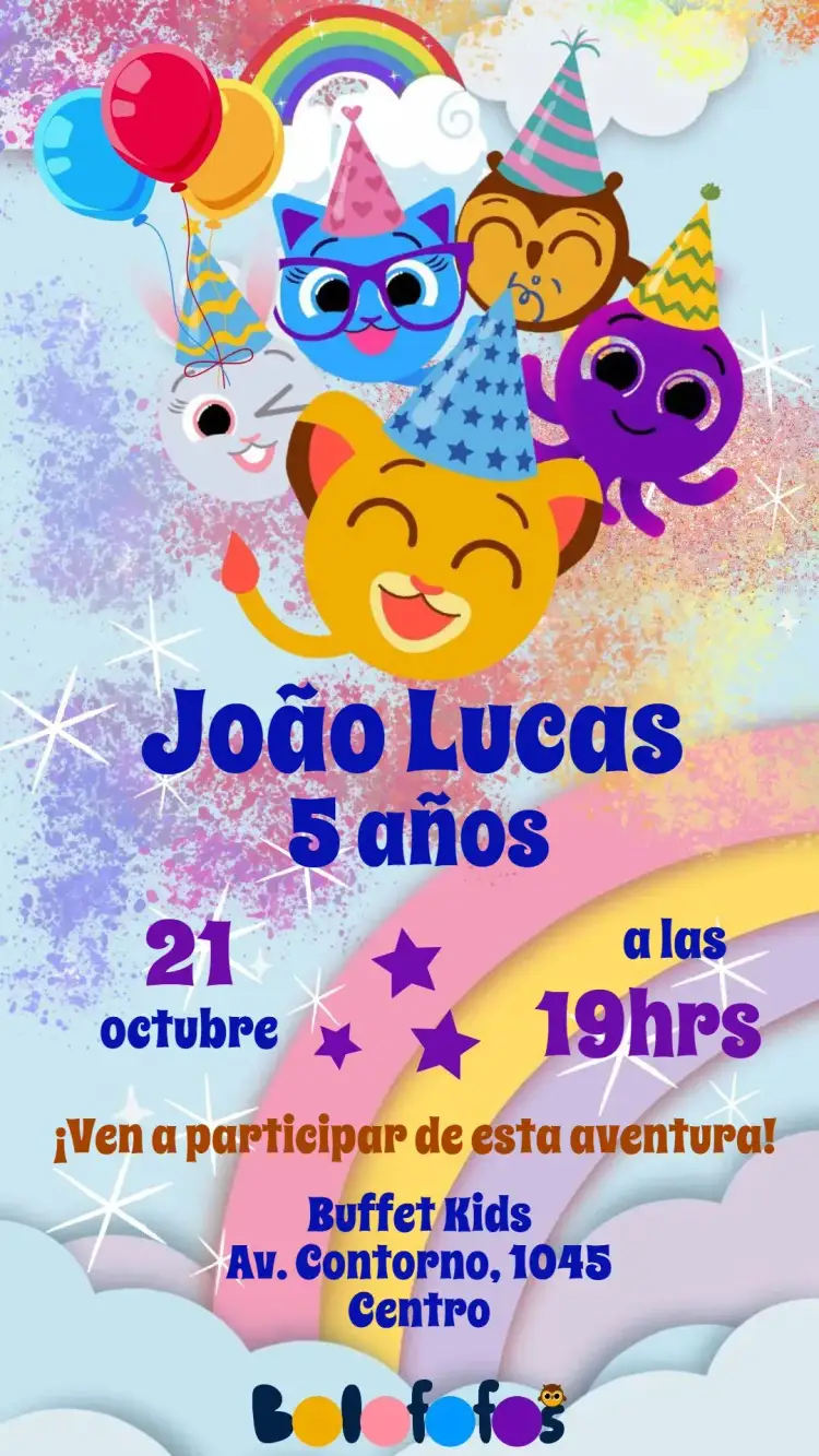 Invitación Bolofofos – tema Cumpleaños Infantil colorido, divertido, lúdico, temático, alegre, infantil