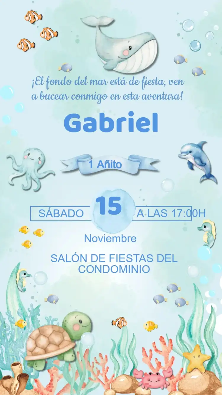 Invitación Invitación Cumpleaños Fondo del Mar – tema Cumpleaños Infantil marino, colorido, divertido, lúdico, tropical, aqua