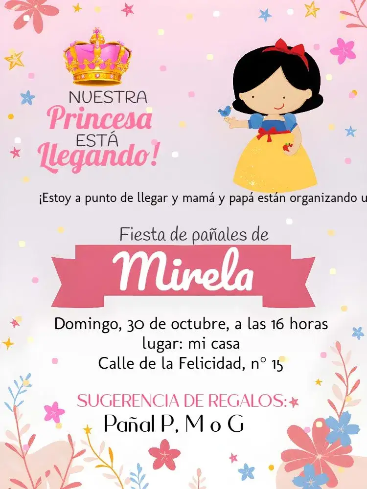 Invitación Baby Shower Blancanieves Bebé – tema Baby Shower rosa y blanco, princesa, corona, temática infantil, moderno, elegante