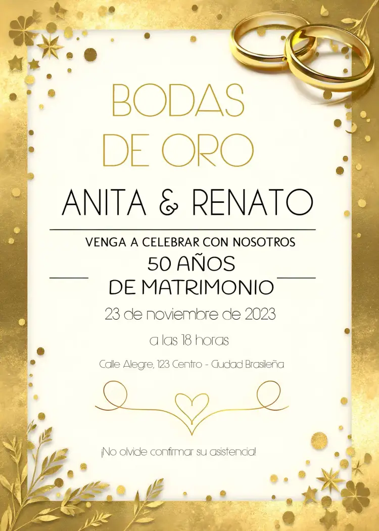 Invitación Bodas De Oro Dorado - 50 Años de Matrimonio Alianza – tema 15 años dorado, elegante, romántico, clásico, sofisticado