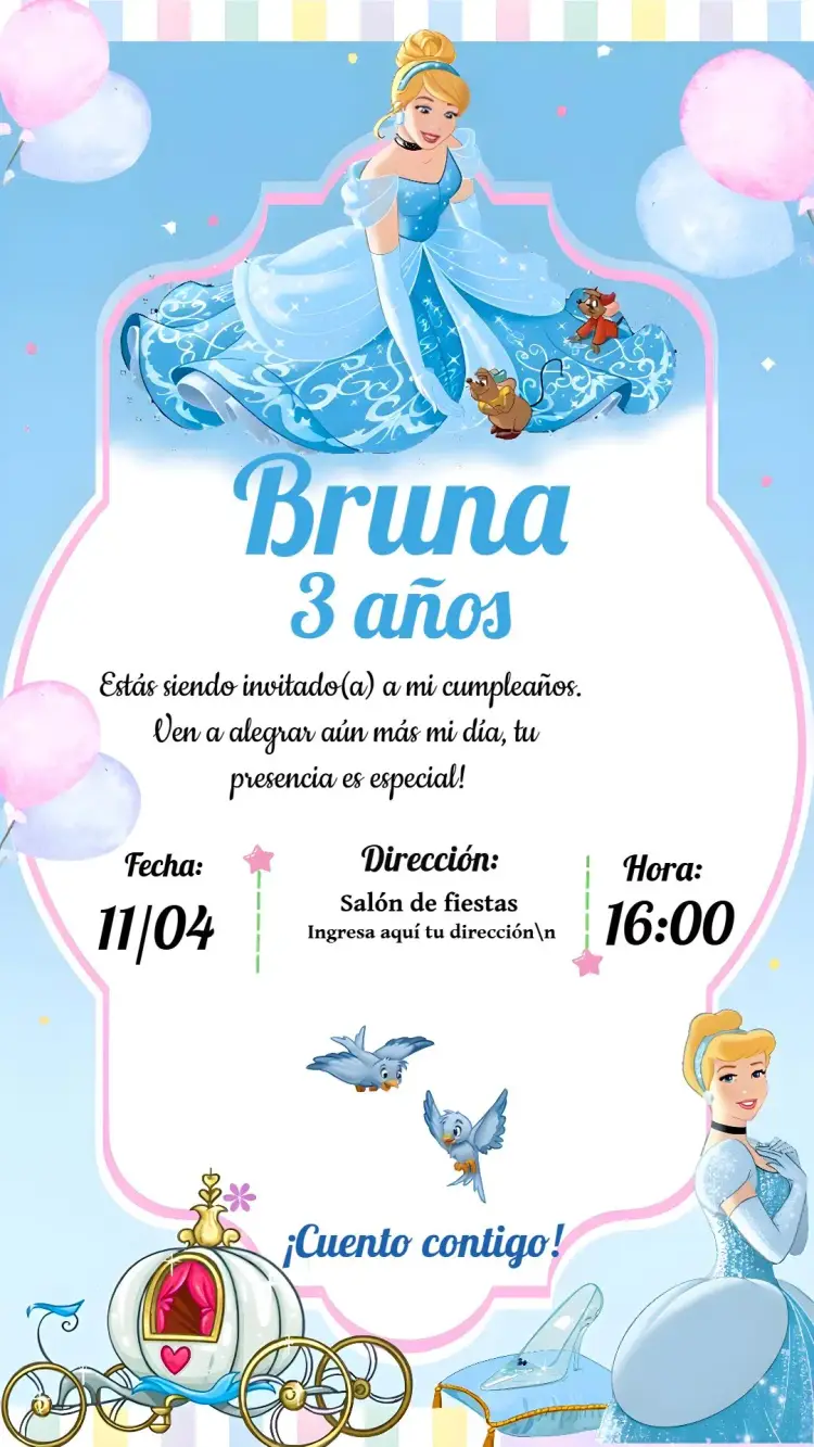 Invitación Cenicienta Azul editable y personalizable
