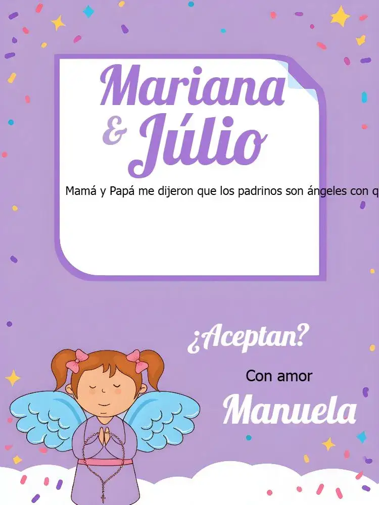 Invitación Padrinos De Bautismo Religión – tema Bautismo púrpura, lila, angelitos, religioso, delicado, infantil