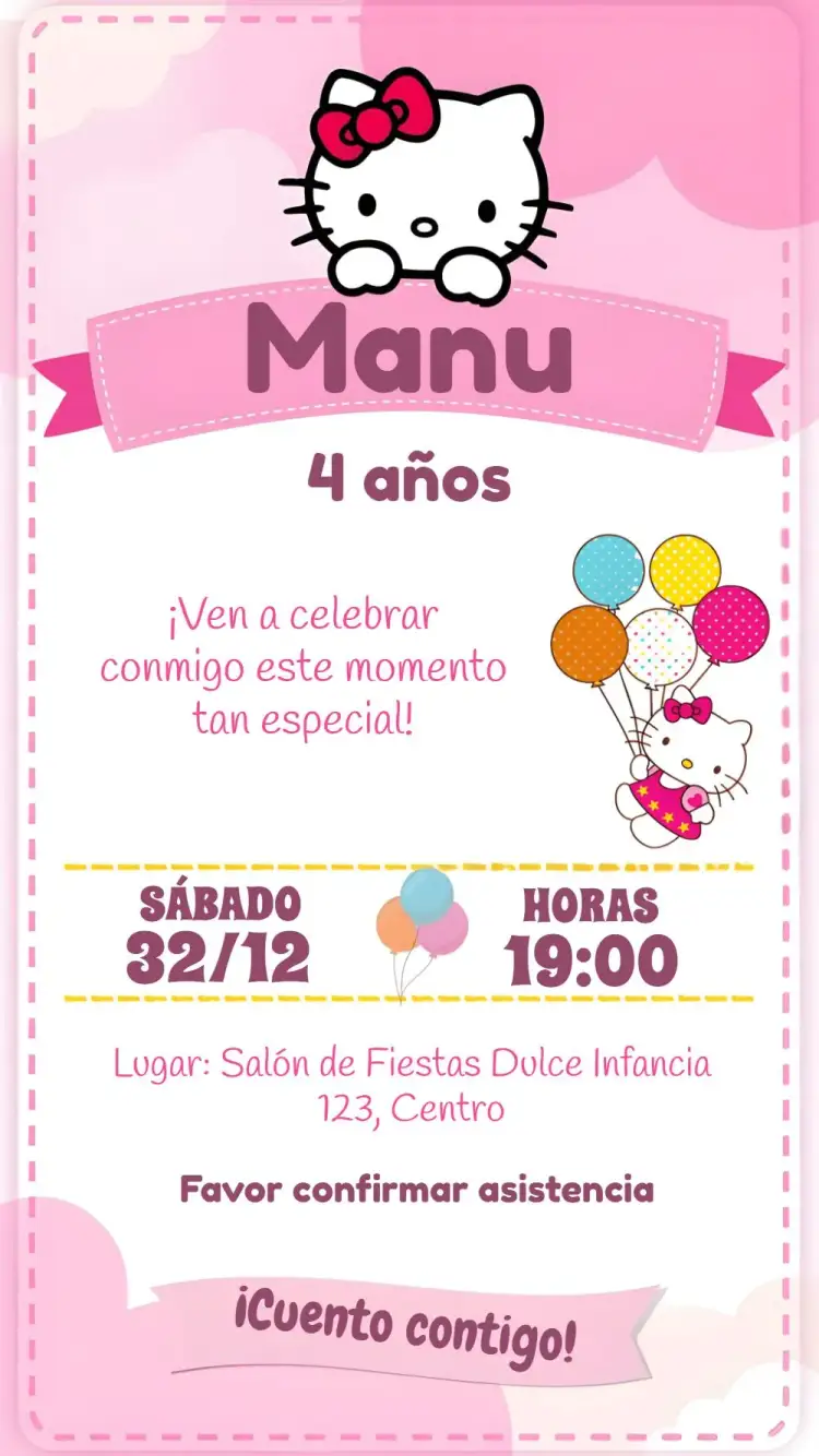 Invitación Hello Kitty Infantil – tema Más buscados rosa, lila, floral, divertido, temático, infantil