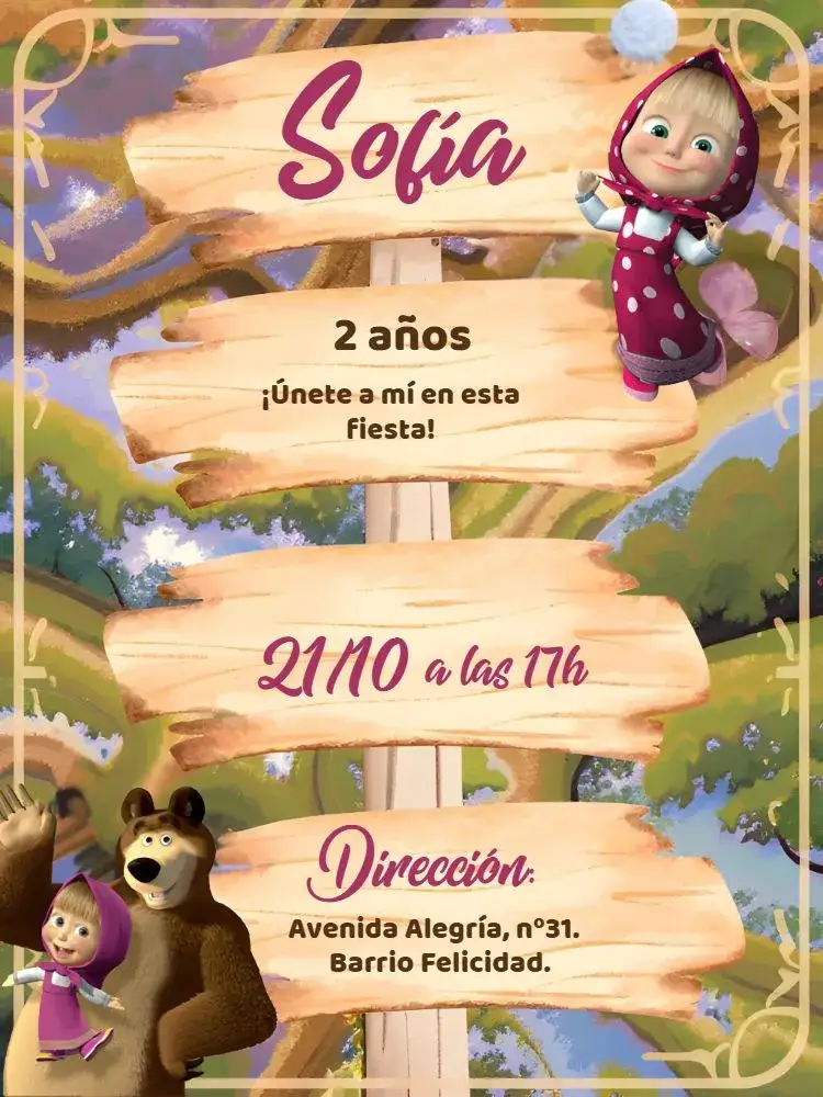 Invitación Masha Y El Oso Animales – tema Más buscados bosque, animales, rústico, colorido, temático, divertido