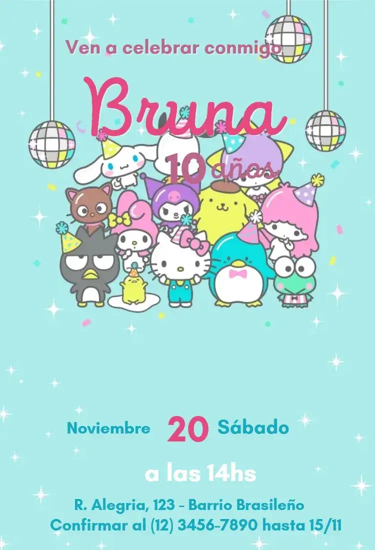 Invitación Hello Kitty – tema Cumpleaños Infantil colorido, divertido, infantil, de caricaturas, fofo, adorable