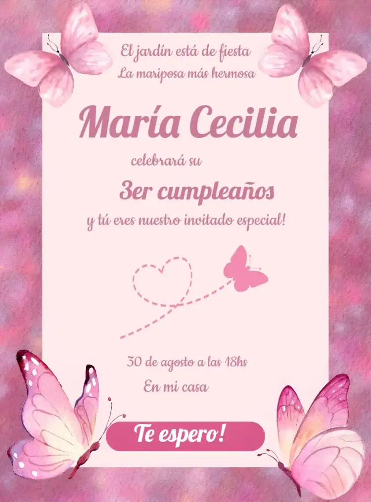 Invitación Jardín Encantado - Mariposa Rosa Acuarela Infantil – tema Más buscados acuarela, jardín, mariposas, rosa, lúdico, infantil