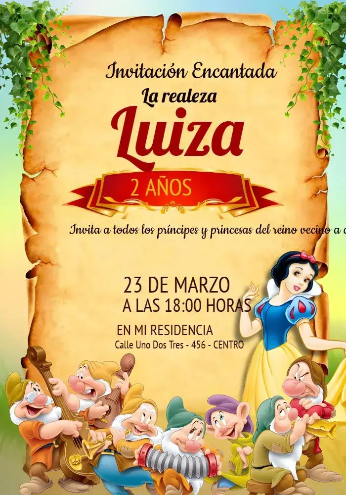 Invitación Blancanieves y los Siete Enanitos Gruñón – tema Más buscados colorido, fantasía, Disney, infantil, ilustraciones divertidas