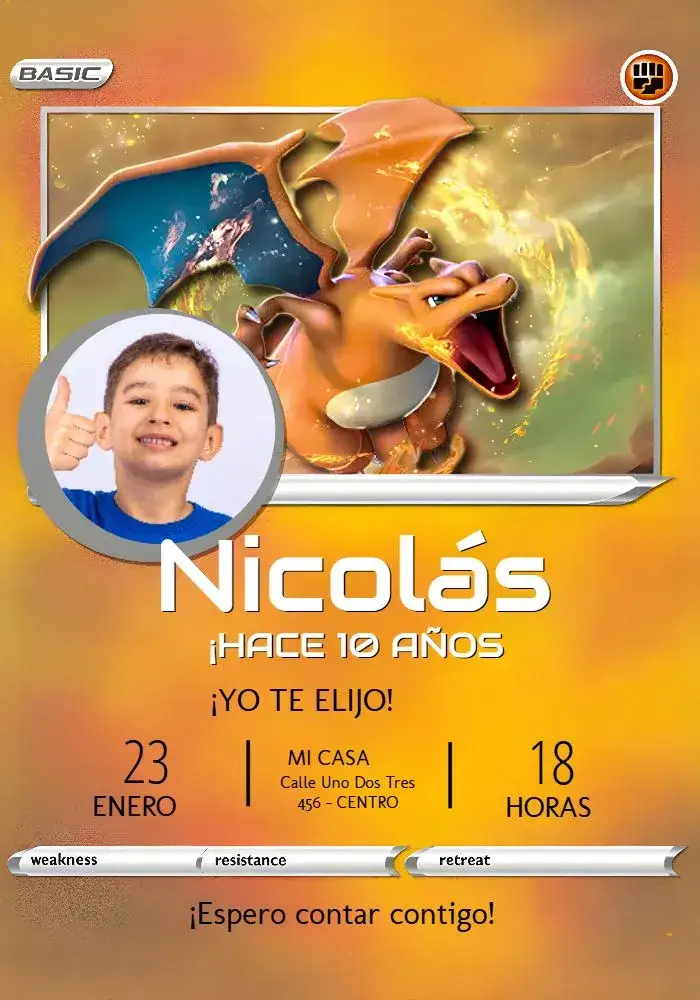 Invitación Carta Pokemon Con Foto Charizard – tema Cumpleaños Infantil colorido, divertido, temático, infantil, jogos, fantasia