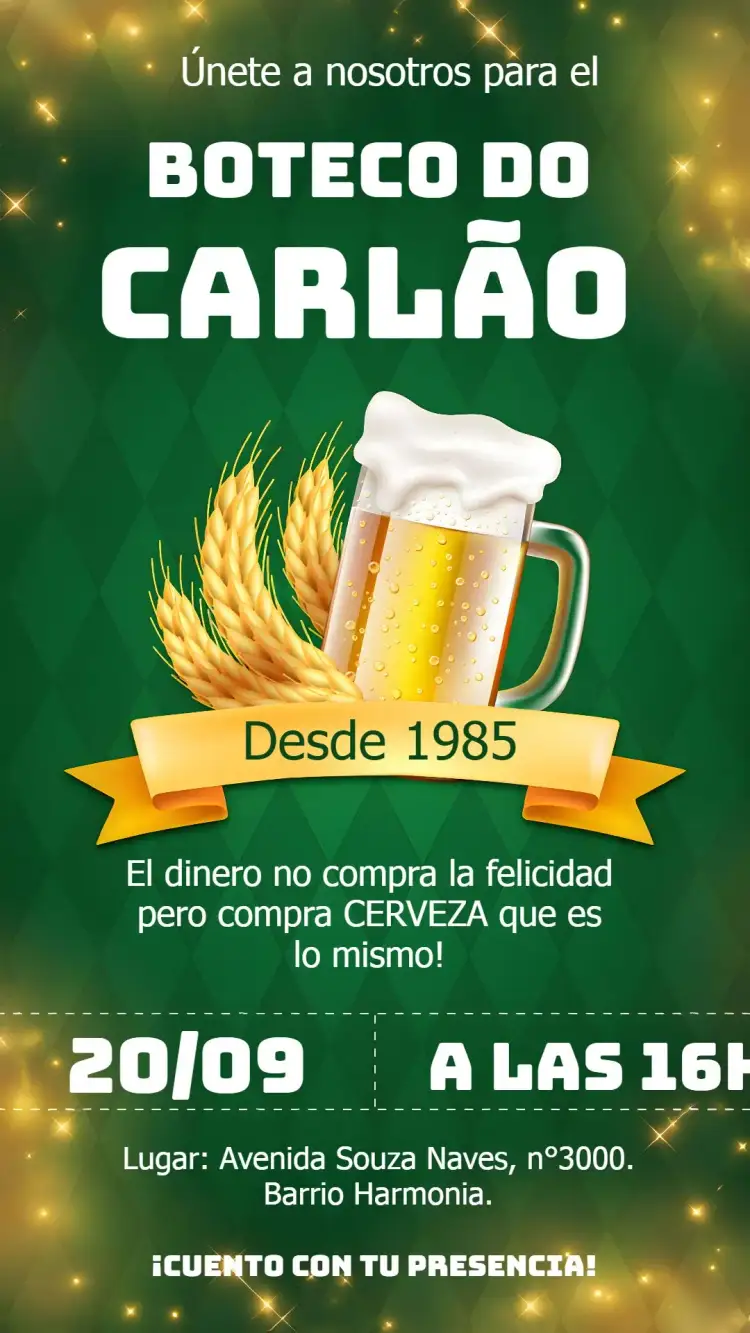 Invitación Boteco Bar – tema Cumpleaños bar, verde y blanco, barbacoa, diversión, moderno