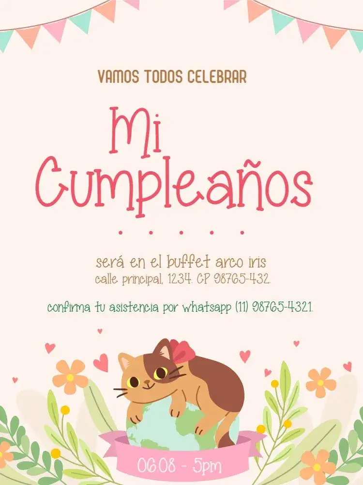 Invitación Gato Floral Femenino – tema Cumpleaños Infantil floral, delicado, lúdico, suave, infantil, feminino