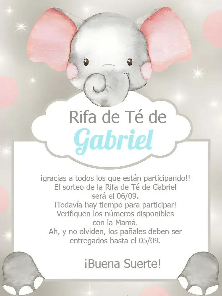 Recordatorio Baby Shower Rifa Elefantito Bebé