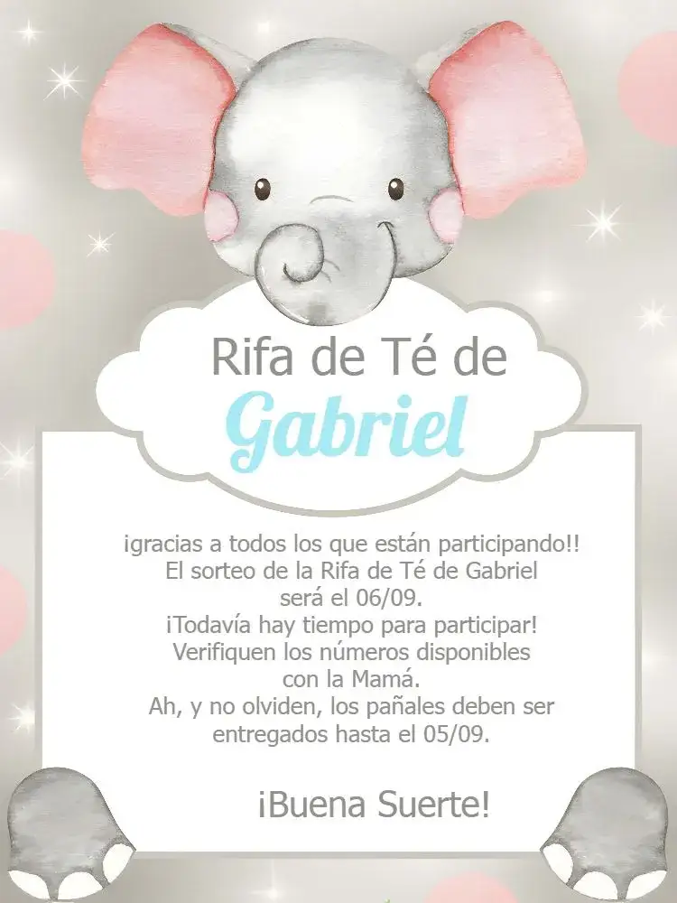 Invitación Recordatorio Baby Shower Rifa Elefantito Bebé – tema Té Rifa safari, minimalista, divertido, azul y gris, infantil, moderninho