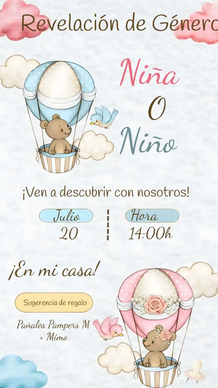 Invitación Covnite De Chá Revelação Ursinhos Baloeiros Menino – tema Revelación Bebé ositos, globos, azul y rosa, festivo, infantil