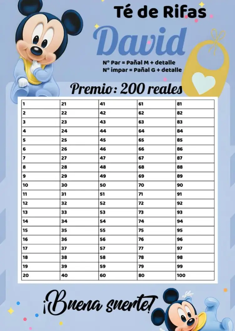 Invitación Tómbola Té Mickey Mouse Baby Nombres – tema Té Rifa Mickey Mouse, azul y blanco, dorado, divertido, infantil, moderno