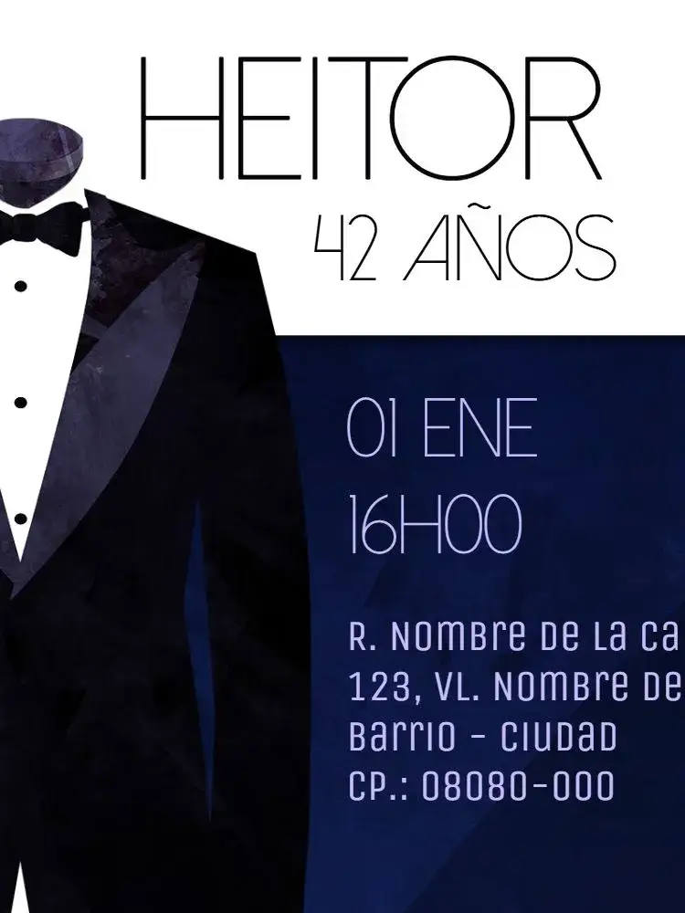 Invitación Virtual Masculino - Smoking Azul – tema Cumpleaños Infantil elegante, moderno, azul, formal, chique