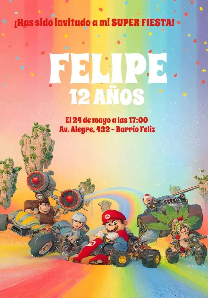 Invitación Mario Kart Bros – tema Cumpleaños colorido, juegos, infantil, diversión, vibrante, temático