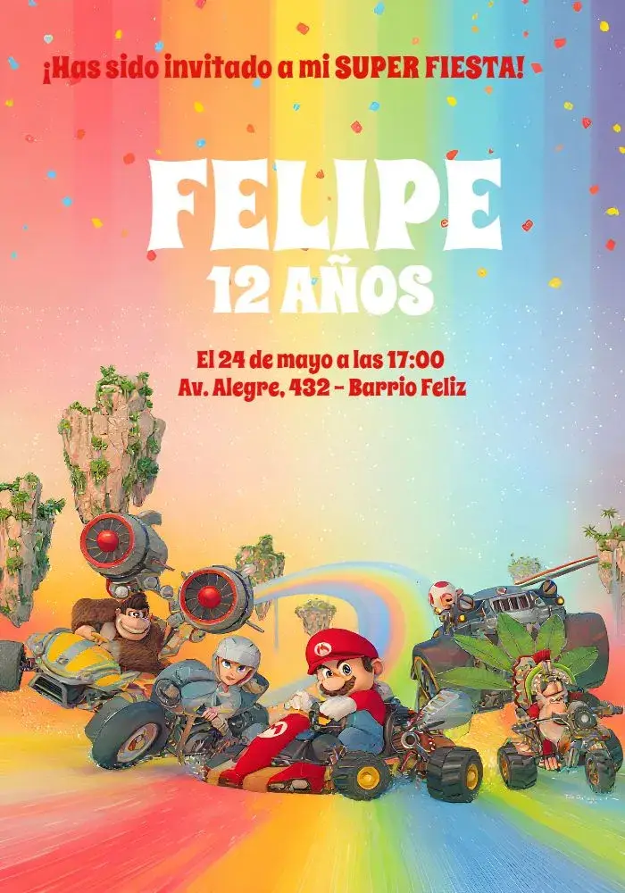 Invitación Mario Kart Bros editable y personalizable
