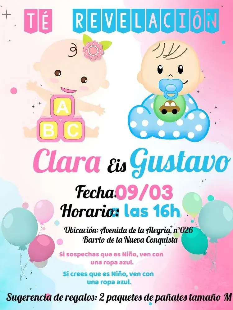 Invitación Chá de Revelación Niño y Niña Pañal – tema Revelación Bebé rosa y azul, baby shower, delicado, blanco y pastel, ilustraciones de pañales, moderno