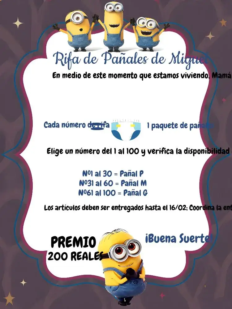 Invitación Chá Rifa Minions Bebe – tema Té Rifa colorido, divertido, infantil, temático, animado