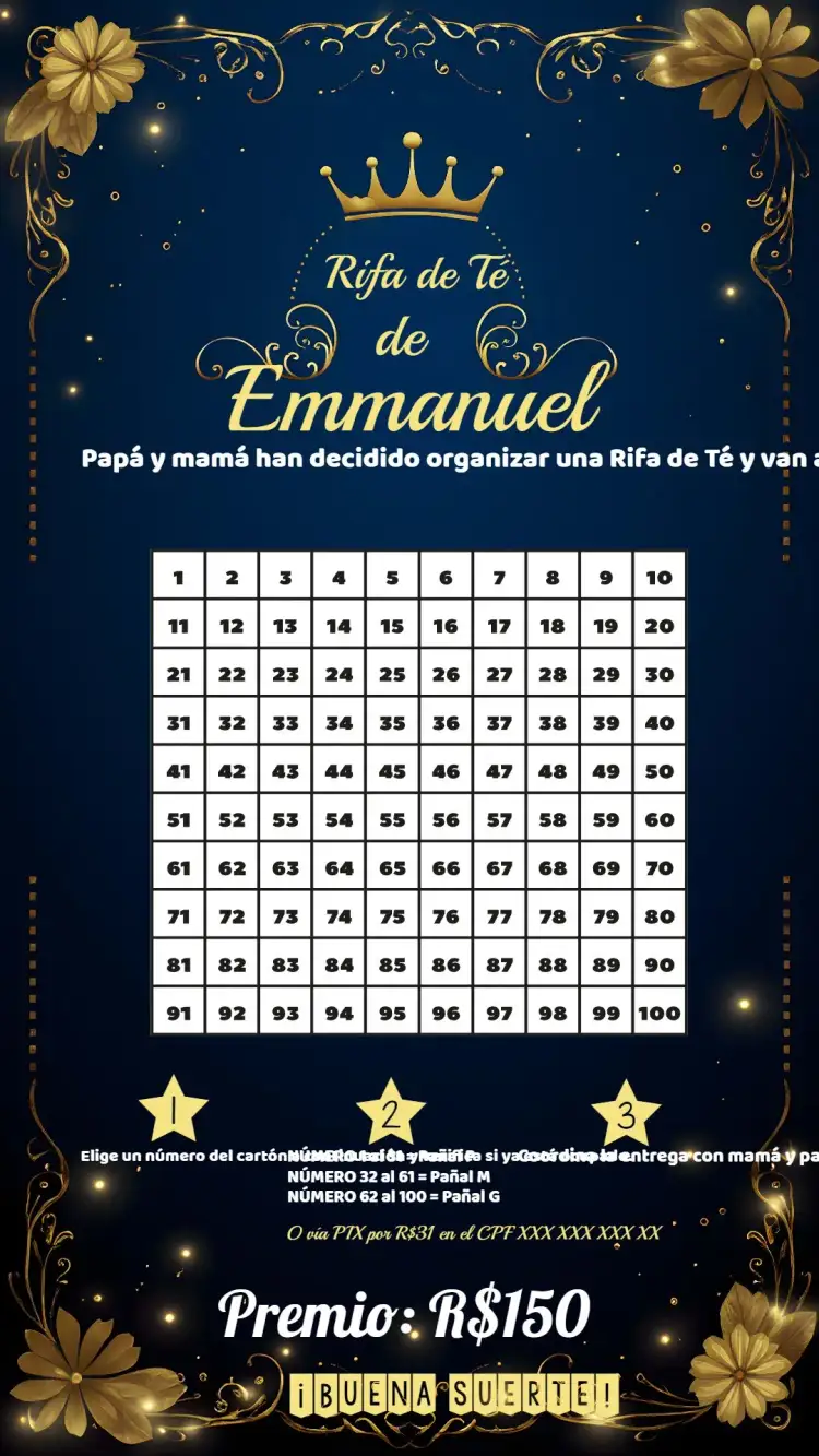 Invitación Té Rifa Realeza 100 – tema Té Rifa oro, azul, blanco, realeza, princesa, elegante