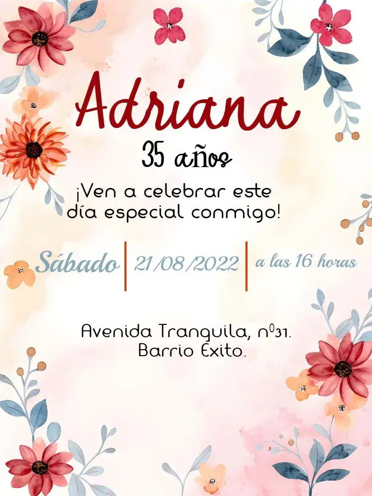Invitación Floral Vino – tema Cumpleaños floral, vintage, acuarela, elegante, moderno, delicado