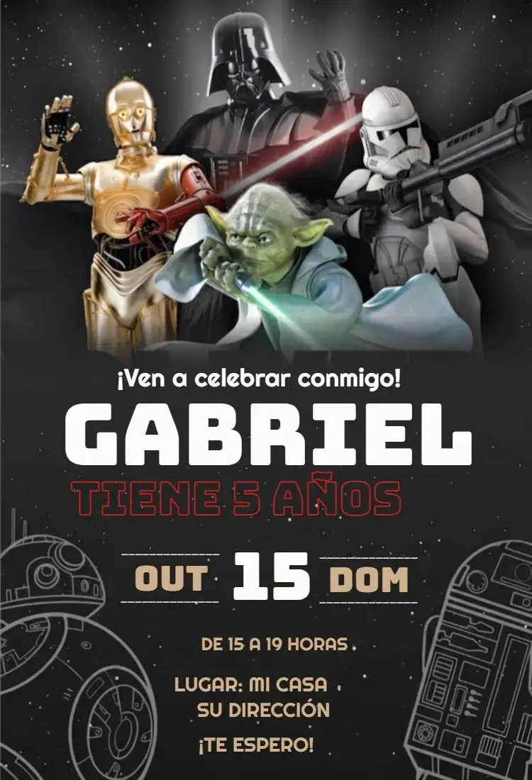 Invitación Star Wars 1 – tema Cumpleaños Infantil galáctico, futurista, colorido, sci-fi, brilhante, temático