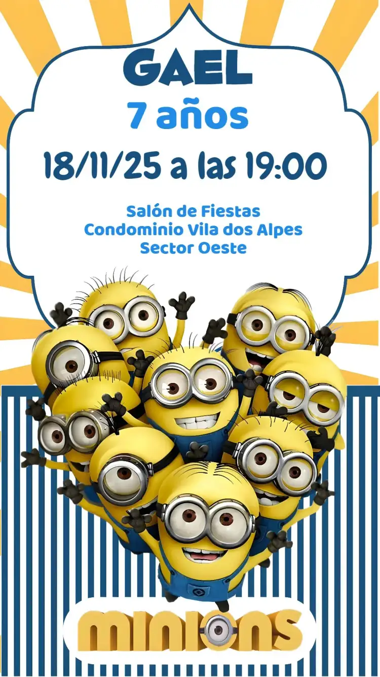 Invitación Minions – tema Cumpleaños Infantil colorido, divertido, temático, animado, lúdico, infantil