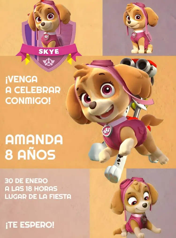 Invitación Marshall Patrulla Canina Rocky – tema Cumpleaños Infantil colores vibrantes, estilo divertido, elementos gráficos de la Patrulla Canina, diseño infantil, temática de aventura